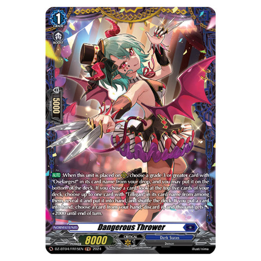 Dangerous Thrower DZ-BT04/FR15EN card from the Cardfight!! Vanguard set Destined Showdown