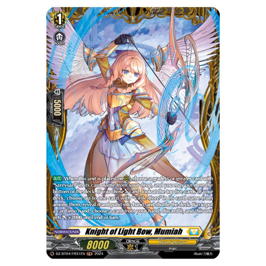 Knight of Light Bow, Mumiah DZ-BT04/FR31EN card from the Cardfight!! Vanguard set Destined Showdown