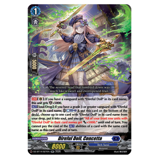 Direful Doll, Concetta DZ-BT14/027EN card from the Cardfight!! Vanguard set Envoys of the Crimson Moon