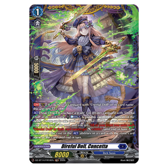Direful Doll, Concetta DZ-BT14/FR10EN card from the Cardfight!! Vanguard set Envoys of the Crimson Moon