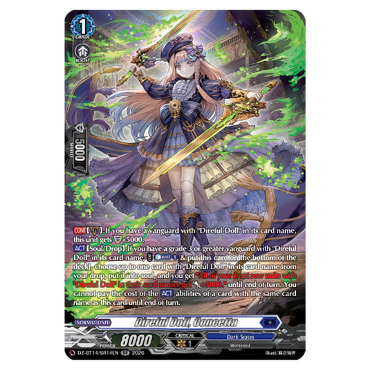 Direful Doll, Concetta DZ-BT14/SR14EN card from the Cardfight!! Vanguard set Envoys of the Crimson Moon