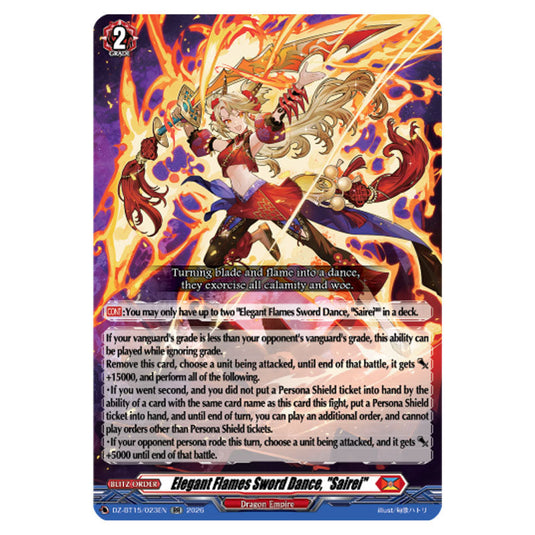 Elegant Flames Sword Dance, "Sairei" DZ-BT15/023EN card from the Cardfight!! Vanguard set Strike of Illusionary Shadows