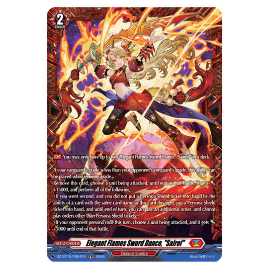 Elegant Flames Sword Dance, "Sairei" DZ-BT15/FR04EN card from the Cardfight!! Vanguard set Strike of Illusionary Shadows