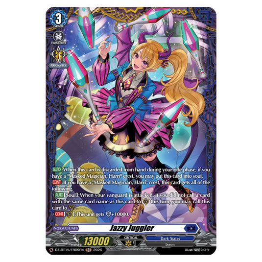 Jazzy Juggler DZ-BT15/FR09EN card from the Cardfight!! Vanguard set Strike of Illusionary Shadows