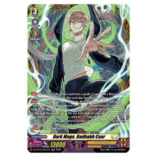 Dark Mage, Badhabh Caar DZ-BT15/FR31EN card from the Cardfight!! Vanguard set Strike of Illusionary Shadows