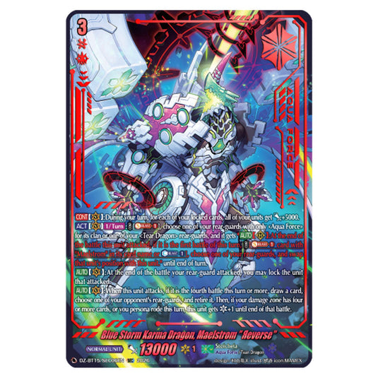 Blue Storm Karma Dragon, Maelstrom "Яeverse" DZ-BT15/SEC06EN card from the Cardfight!! Vanguard set Strike of Illusionary Shadows