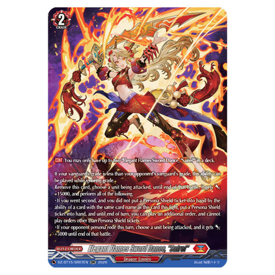 Elegant Flames Sword Dance, "Sairei" DZ-BT15/SR07EN card from the Cardfight!! Vanguard set Strike of Illusionary Shadows