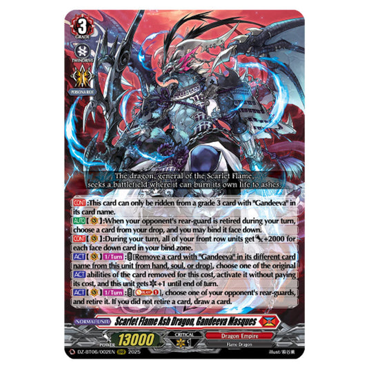 Scarlet Flame Ash Dragon, Gandeeva Masques DZ-BT06/002EN card from the Cardfight!! Vanguard set Generation Dragenesis