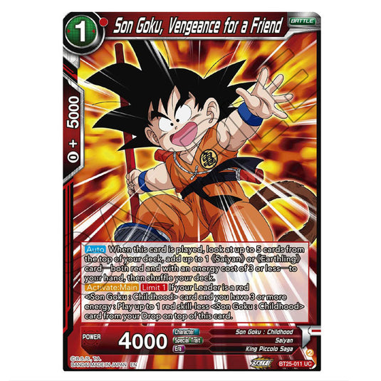 Son Goku, Vengeance for a Friend Red card from the Dragon Ball Super Card Game set Legend of the Dragon Balls