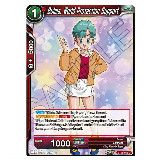 Bulma, World Protection Support Red card from the Dragon Ball Super Card Game set Legend of the Dragon Balls