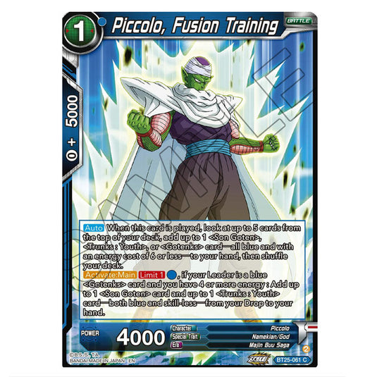 Piccolo, Fusion Training Blue card from the Dragon Ball Super Card Game set Legend of the Dragon Balls