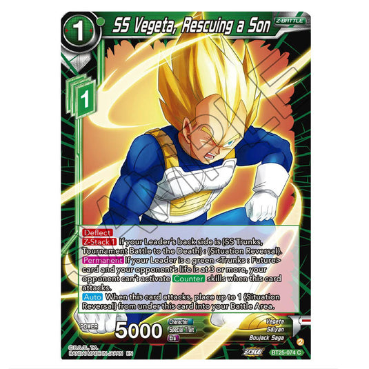 Vegeta, Rescuing a Son Green card from the Dragon Ball Super Card Game set Legend of the Dragon Balls