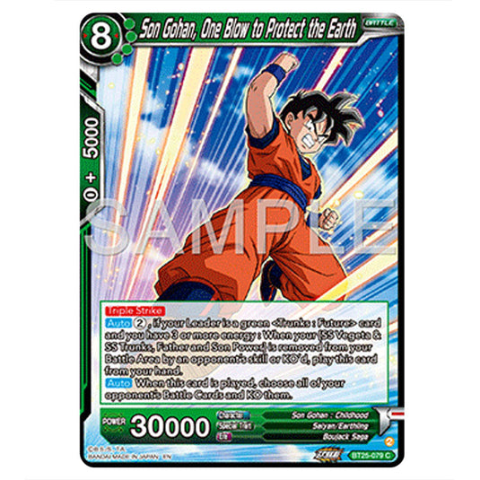 Son Gohan, One Blow to Protect the Earth Green card from the Dragon Ball Super Card Game set Legend of the Dragon Balls