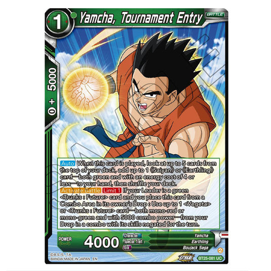 Yamcha, Tournament Entry Green card from the Dragon Ball Super Card Game set Legend of the Dragon Balls