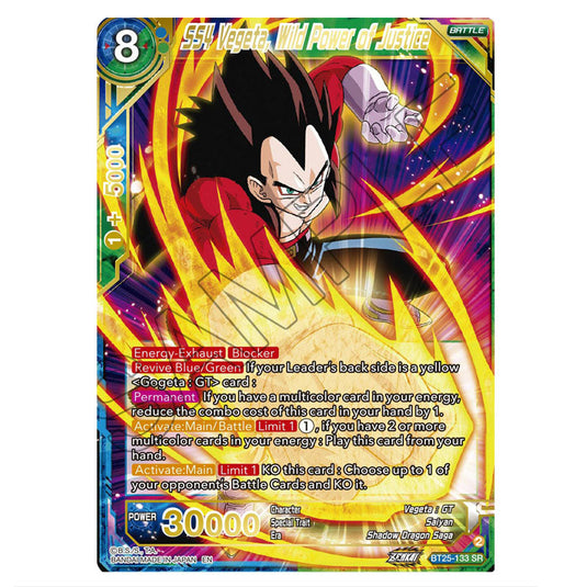 SS4 Vegeta, Wild Power of Justice Blue/Green card from the Dragon Ball Super Card Game set Legend of the Dragon Balls