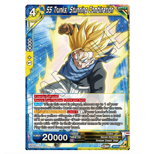 SS Trunks, Stunning Combination Blue/Yellow card from the Dragon Ball Super Card Game set Legend of the Dragon Balls