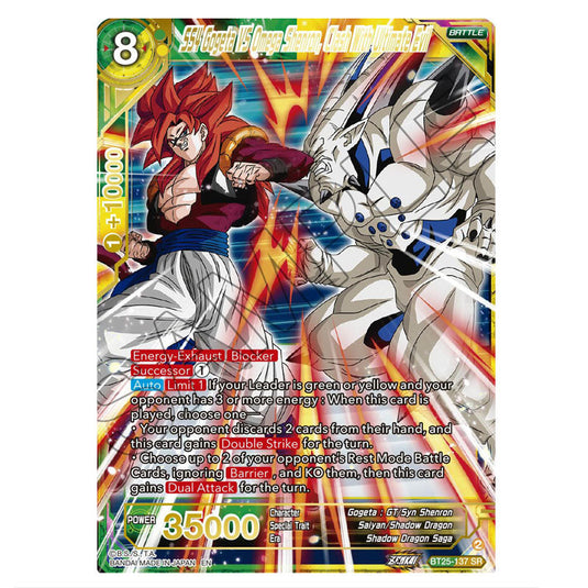 SS4 Gogeta VS Omega Shenron, Clash With Ultimate Evil Green/Yellow card from the Dragon Ball Super Card Game set Legend of the Dragon Balls