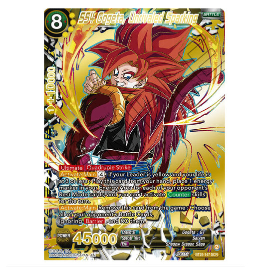 SS4 Gogeta, Unrivaled Sparking Yellow card from the Dragon Ball Super Card Game set Legend of the Dragon Balls