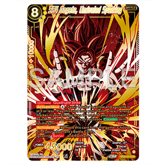 SS4 Gogeta, Unrivaled Sparking Yellow card from the Dragon Ball Super Card Game set Legend of the Dragon Balls