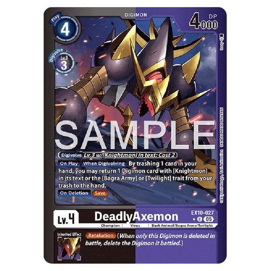 DeadlyAxemon EX10-027A card from the Digimon set EX-10: Extra Booster Sinister Order