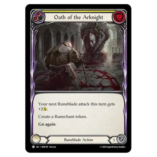 Oath of the Arknight (Yellow) ROS159 card from the Flesh & Blood set Rosetta