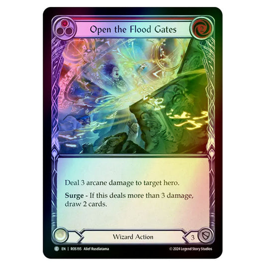 Open the Flood Gates (Red) ROS195-RF card from the Flesh & Blood set Rosetta