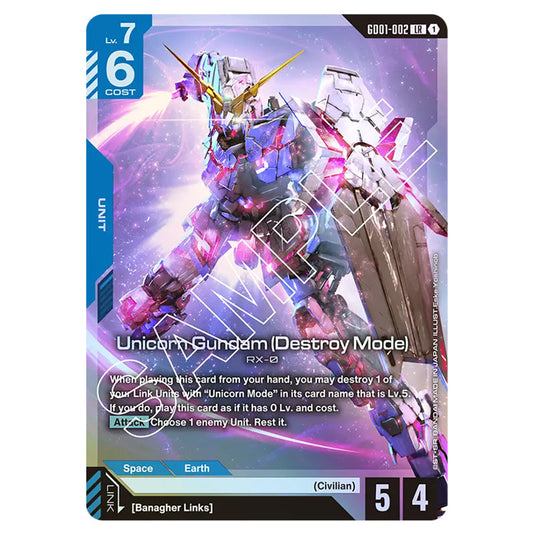 Unicorn Gundam (Destroy Mode) GD01-002 card from the Gundam Card Game set Newtype Rising