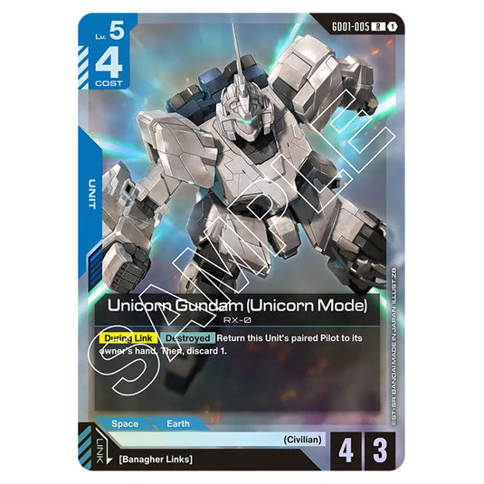 Unicorn Gundam (Unicorn Mode) GD01-005 card from the Gundam Card Game set Newtype Rising