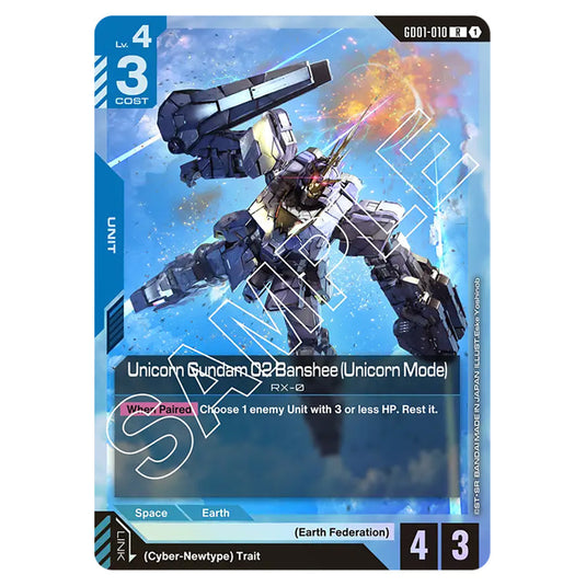 Unicorn Gundam 02 Banshee (Unicorn Mode) GD01-010 card from the Gundam Card Game set Newtype Rising