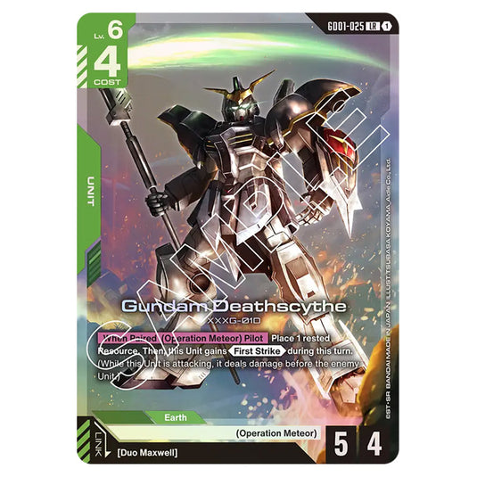 Gundam Deathscythe GD01-025 card from the Gundam Card Game set Newtype Rising