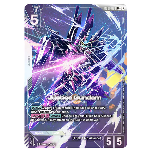 Justice Gundam GD01-066a card from the Gundam Card Game set Newtype Rising