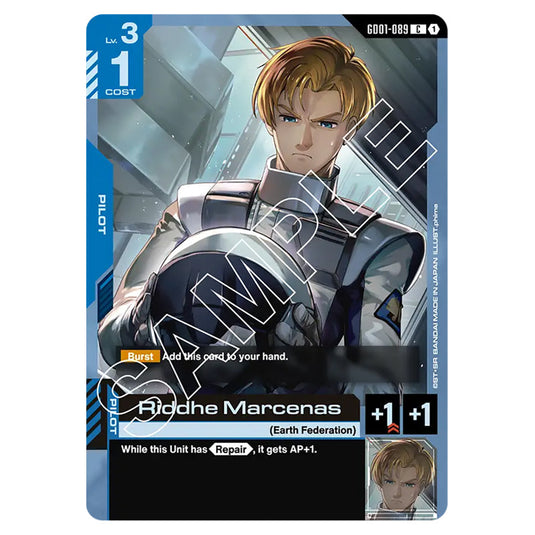 Riddhe Marcenas GD01-089 card from the Gundam Card Game set Newtype Rising
