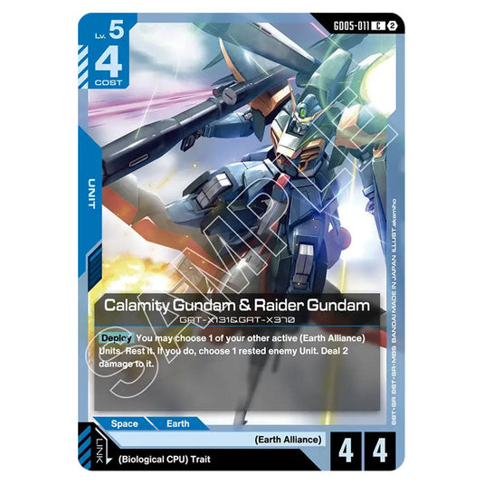 Calamity Gundam & Raider Gundam GD05-011 card from the Gundam Card Game set Freedom Ascension