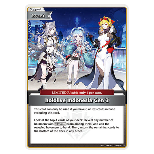hololive Indonesia Gen ３ is a Support,Event,LIMITED Card From the Hololive Official Card Game Set Blooming Radiance hBP01-111-U