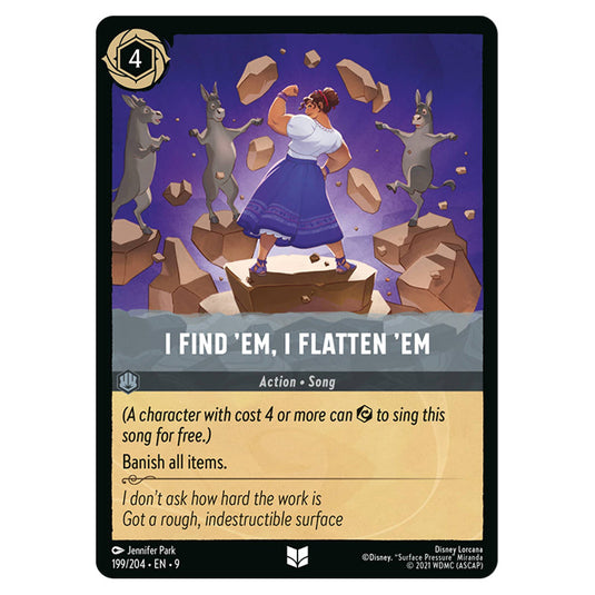 I Find ’Em, I Flatten ’Em 199/204 card from the Lorcana set Fabled