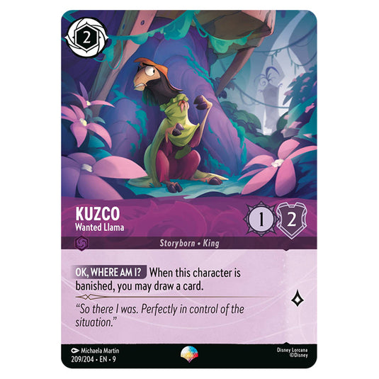 Kuzco - Wanted Llama 209/204 card from the Lorcana set Fabled