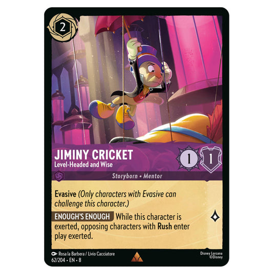 Jiminy Cricket - Level‐Headed and Wise 62/204 card from the Lorcana set Reign of Jafar