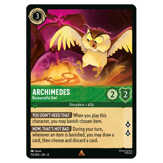Archimedes - Resourceful Owl 113/204 card from the Lorcana set Reign of Jafar