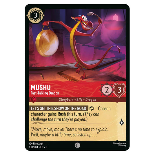 Mushu - Fast‐Talking Dragon 130/204 card from the Lorcana set Reign of Jafar