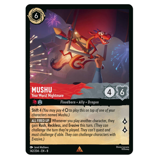 Mushu - Your Worst Nightmare 142/204 card from the Lorcana set Reign of Jafar