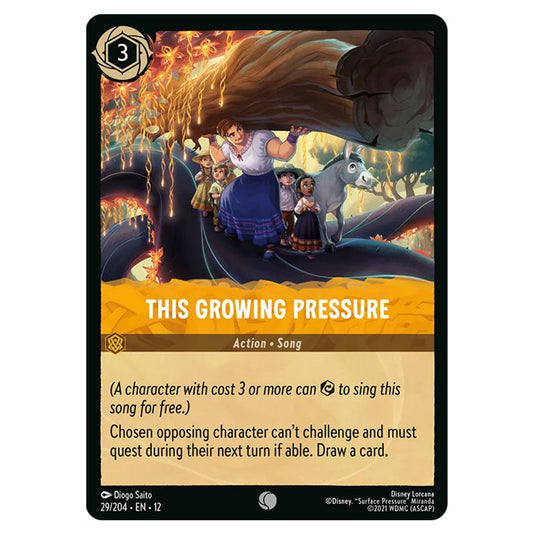 This Growing Pressure 29/204 card from the Lorcana set Wilds Unknown