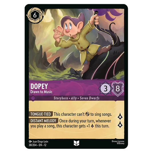 Dopey - Drawn to Music 38/204 card from the Lorcana set Wilds Unknown