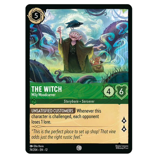 The Witch - Wily Woodcarver 74/204 card from the Lorcana set Wilds Unknown