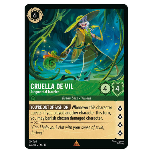 Cruella De Vil - Judgmental Traveler 92/204 card from the Lorcana set Wilds Unknown