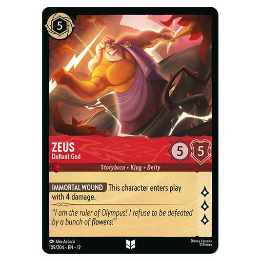 Zeus - Defiant God 109/204 card from the Lorcana set Wilds Unknown