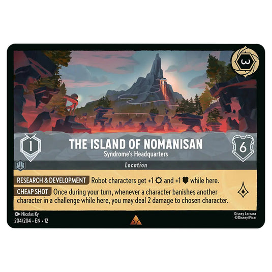The Island of Nomanisan - Syndrome's Headquarters 204/204 card from the Lorcana set Wilds Unknown