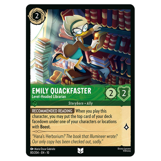 Emily Quackfaster - Level‐Headed Librarian 80/204 card from the Lorcana set Whispers in the Well