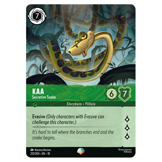 Kaa - Secretive Snake 212/204 card from the Lorcana set Whispers in the Well