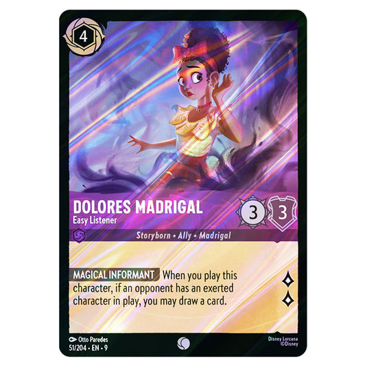 Dolores Madrigal - Easy Listener 51/204 card from the Lorcana set Fabled