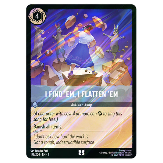 I Find ’Em, I Flatten ’Em 199/204 card from the Lorcana set Fabled